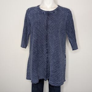 Focus Casual Life Blue Faux Denim Abstract Button Accent 1/2 Sleeve Top S